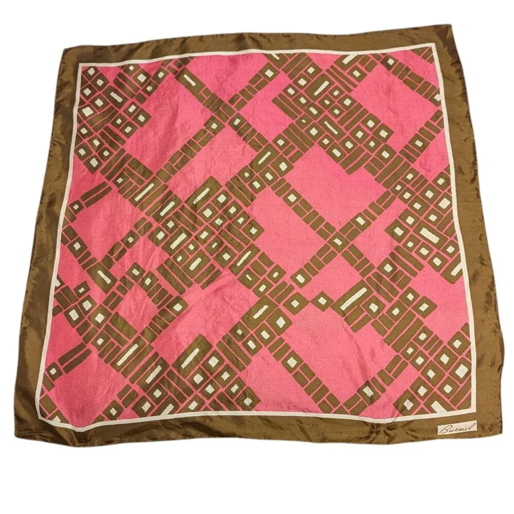 Vintage Burmel‎ Scarf 60’s 70’s Vibrant Square Geometric MCM Nylon Pink Brown
